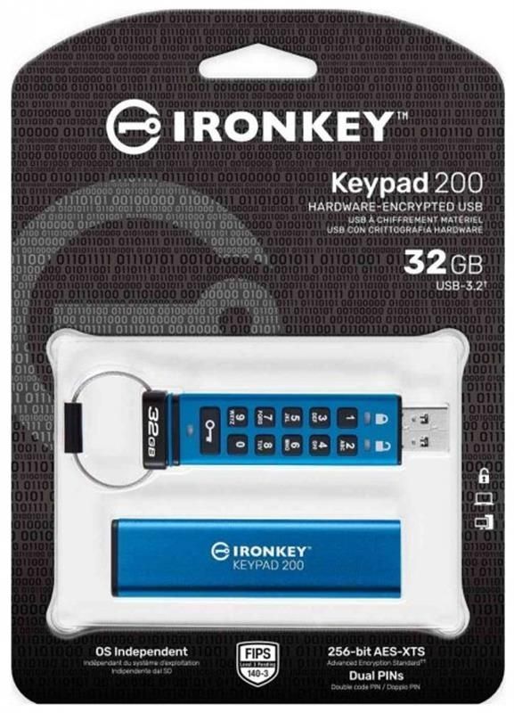 Флеш-накопичувач USB3.2 32GB Kingston IronKey Keypad 200 Type-A Blue (IKKP200/32GB) Kingston купити в Україні
