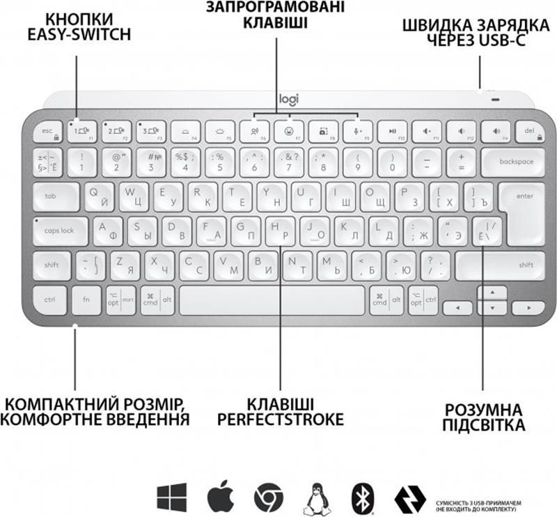 Клавиатура беспроводная Logitech MX Keys Mini Wireless Illuminated UA Pale Gray (920-010499) Logitech купить в Украине
