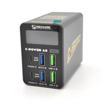 Зарядна станція з цифровою індикацією MECHANIC C-Power 6S, 2*USB-A, 2*QC3.0-5В3А,9В2A,12В1.5А, 2*PD3.1-5В3А,9В2.22A,12В1.67А, 220V / 50W.150*100*50mm MECHANIC купити в Україні