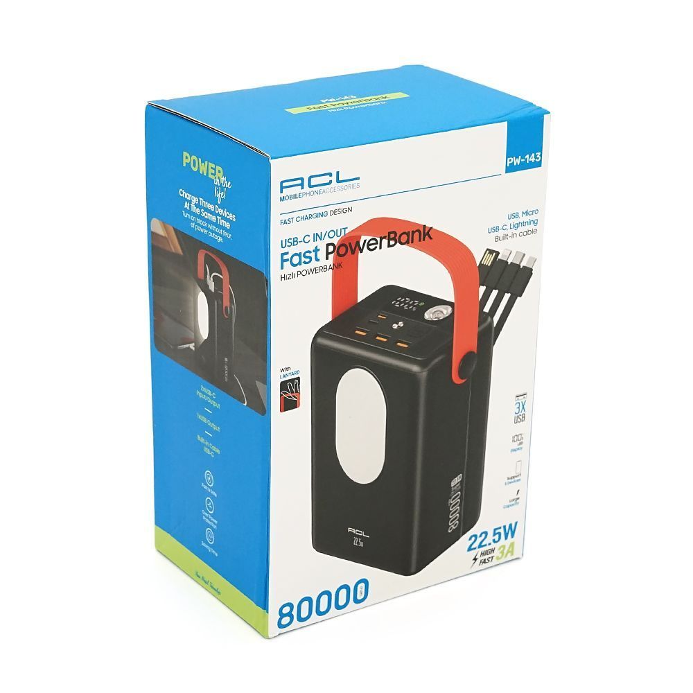 Powerbank ACL PW-143 80000mAh, PD22.5W, 3xUSB+USB-C, 4 кабеля(USB / Micro / Type-C / Lighting), Фонарь, 1,64кг, Black / White, Box ACL купить в Украине