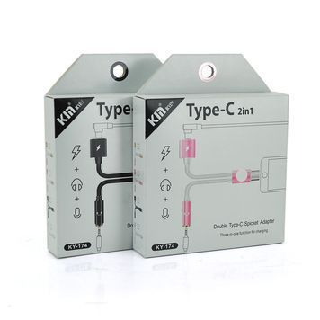 Переходник 2 в 1 KY-174 Type-C(M) =>Type-C(F) + Jack 3.5mm(F), 5см, White / Pink, Box Voltronic купить в Украине