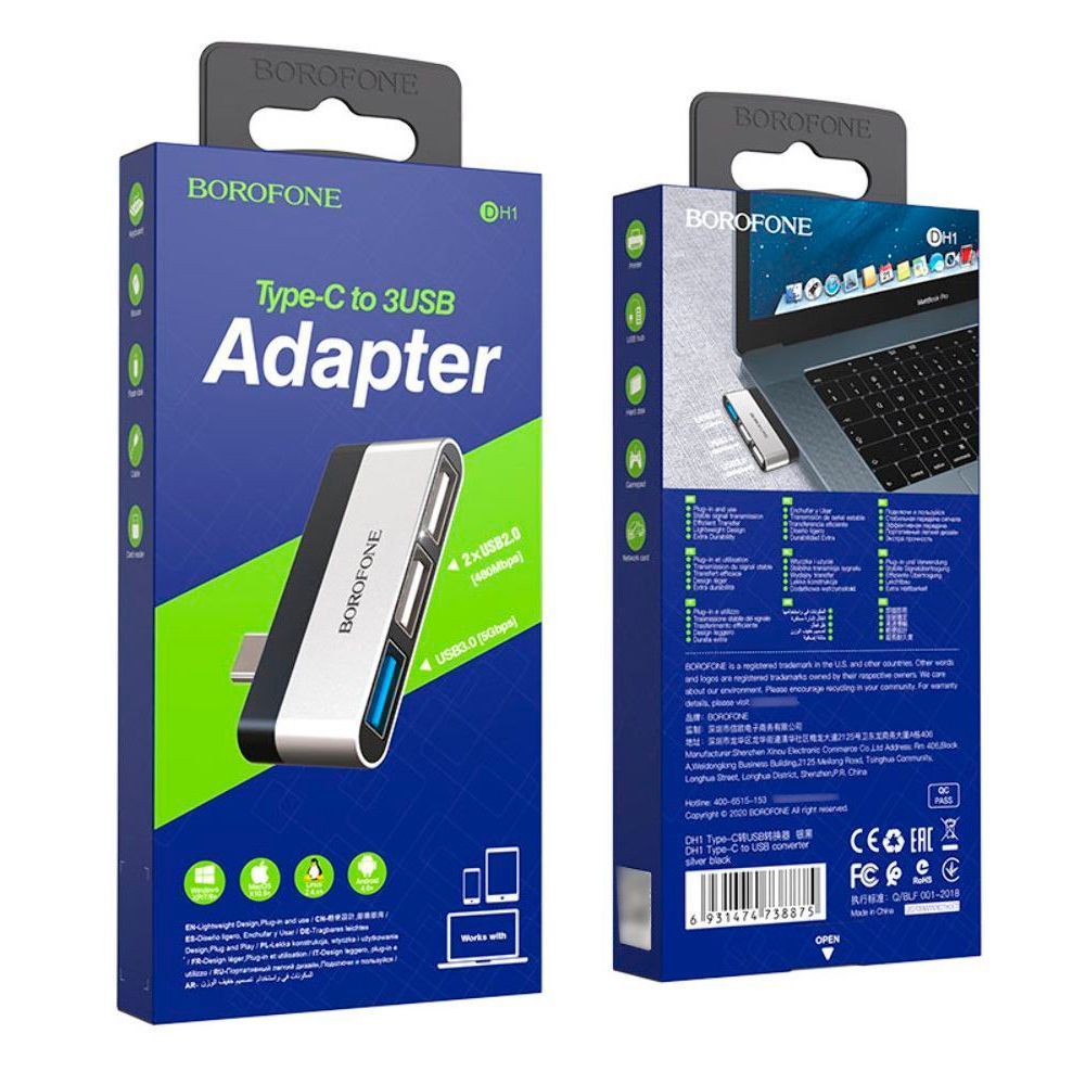 Перехідник BOROFONE DH1 Type-C(Male) - USB3.0+2*USB2.0, Black, Box Borofone купити в Україні