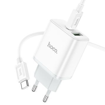 Набор СЗУ 110-240V HOCO C105A + кабель Type-C, ports: USB-C+USB, PD20W+QC3.0, кабель 1м, White, Box HOCO купить в Украине