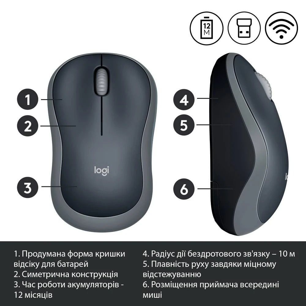 Миша бездротова Logitech M185 Grey (910-002238) Logitech купити в Україні