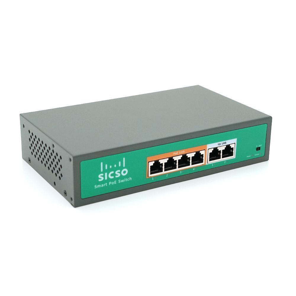 Комутатор POE SICSO 48V з 4 портами POE 100Мбіт + 2порт Ethernet (UP-Link) 100Мбіт, з посил. сигн. до 250м, корпус-метал, Silver, БП вбудований, Q30 SICSO купити в Україні