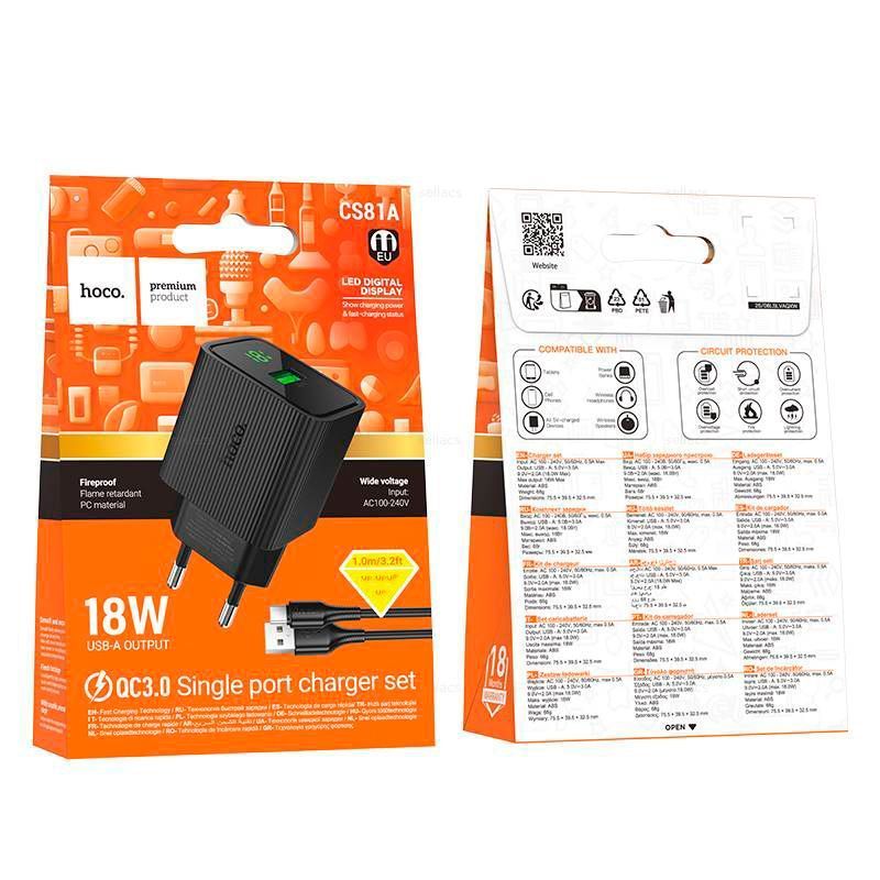 Набір СЗУ 110-240V HOCO CS81A+ кабель Micro, 1xUSB, 3A, 18W, QC3.0, кабель 1м, Black, Blister HOCO купити в Україні
