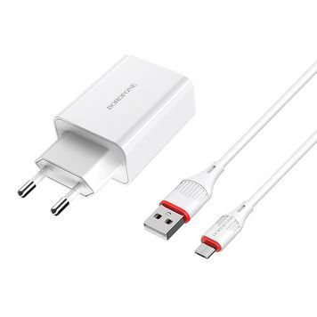 Набор BOROFONE BA21A СЗУ 1xUSB+ кабель MicroUSB, 2.4A, 1м, White, Blister Borofone купить в Украине