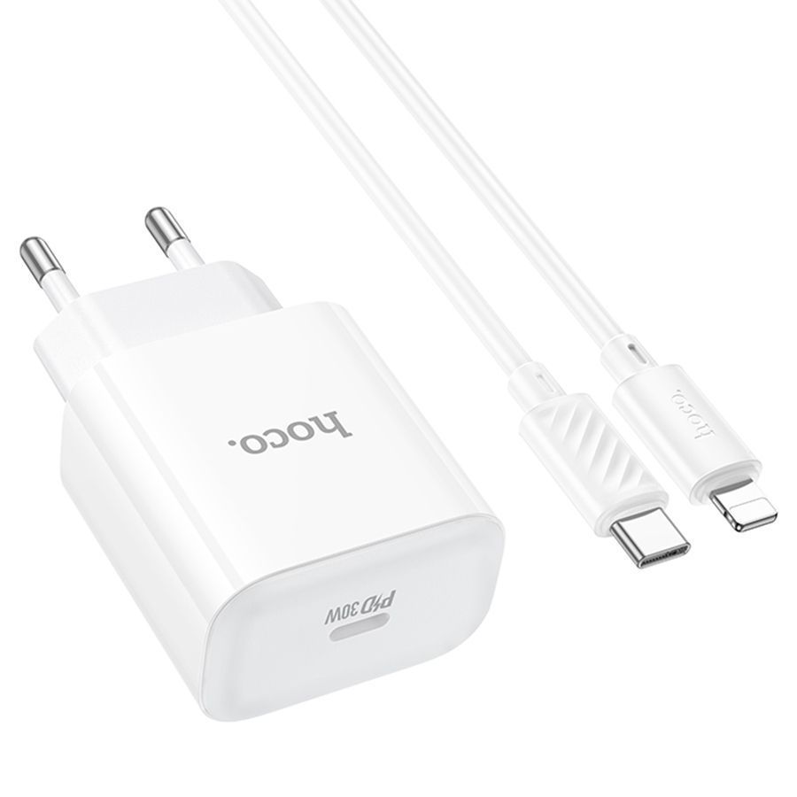 Набір СЗУ 110-240V HOCO C76A Pro+ Lighting кабель, USB-C, PD30W, кабель 1м, White, Box HOCO купити в Україні