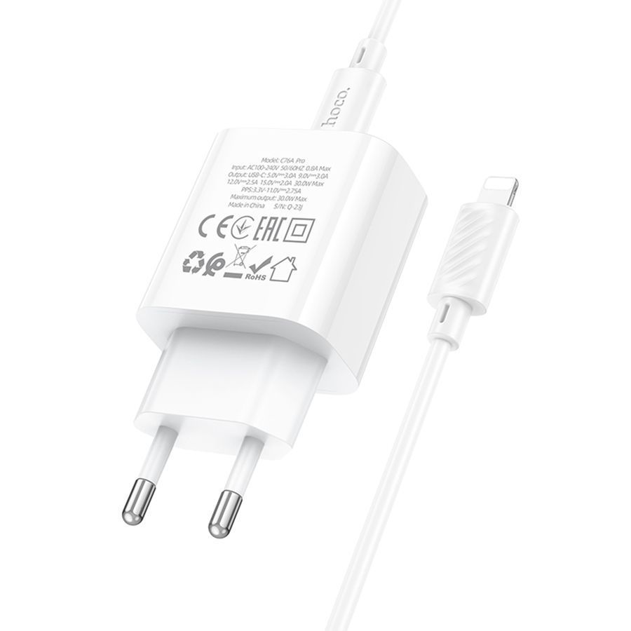 Набір СЗУ 110-240V HOCO C76A Pro+ Lighting кабель, USB-C, PD30W, кабель 1м, White, Box HOCO купити в Україні