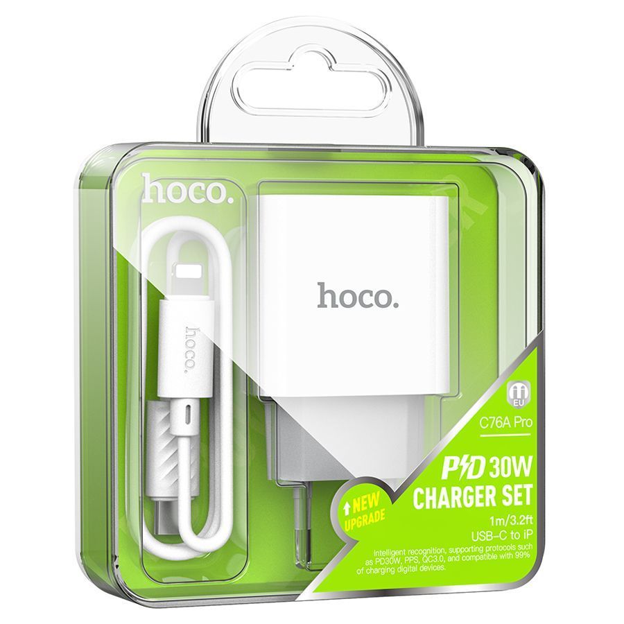 Набір СЗУ 110-240V HOCO C76A Pro+ Lighting кабель, USB-C, PD30W, кабель 1м, White, Box HOCO купити в Україні
