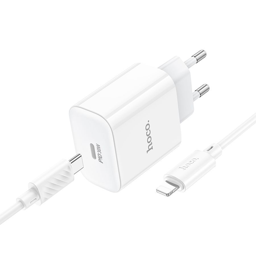 Набір СЗУ 110-240V HOCO C76A Pro+ Lighting кабель, USB-C, PD30W, кабель 1м, White, Box HOCO купити в Україні