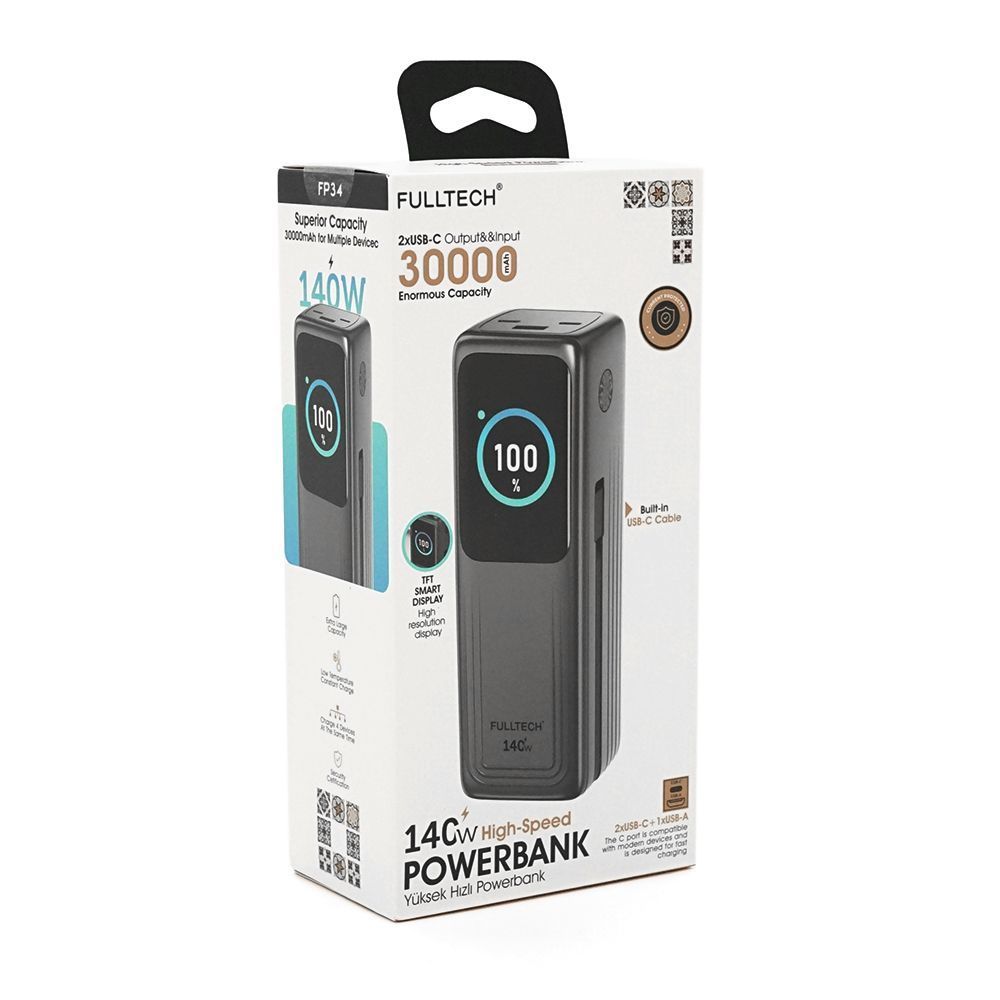 Powerbank Fulltech FP34 30000mAh, Fast charge PD140W, Li-pol, LCD Display, Вход:Type-C, Выходы: 2xUSB Type-C, 1xUSB Type-A, USB Type-C Cable, Box FULLTECH PRIME купить в Украине