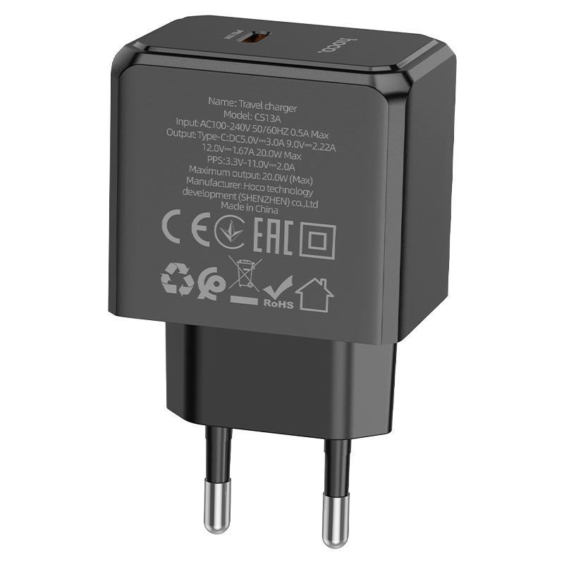 СЗУ 110-240V HOCO CS13A 1xUSB-C, PD20W, Black, Blister HOCO купити в Україні