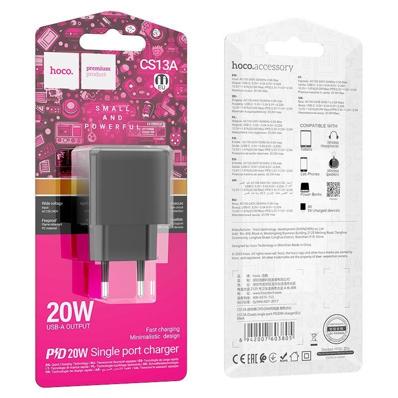 СЗУ 110-240V HOCO CS13A 1xUSB-C, PD20W, Black, Blister HOCO купити в Україні