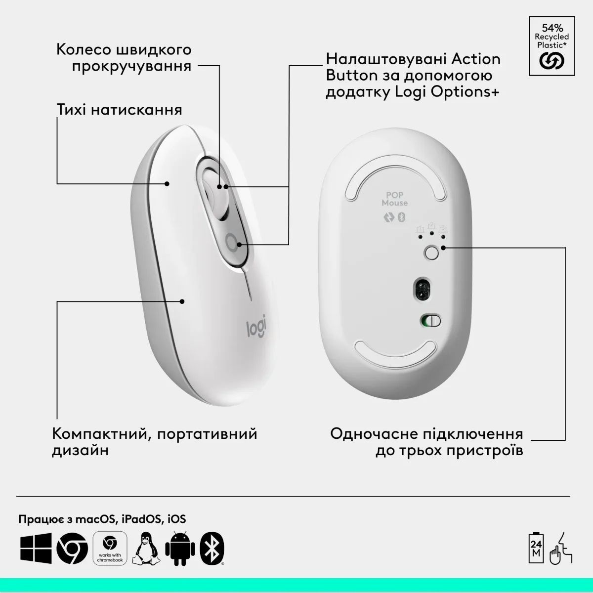Комплект клавіатура та мишка Logitech POP Icon Combo Bluetooth UA Off-White (920-013141) Logitech купити в Україні