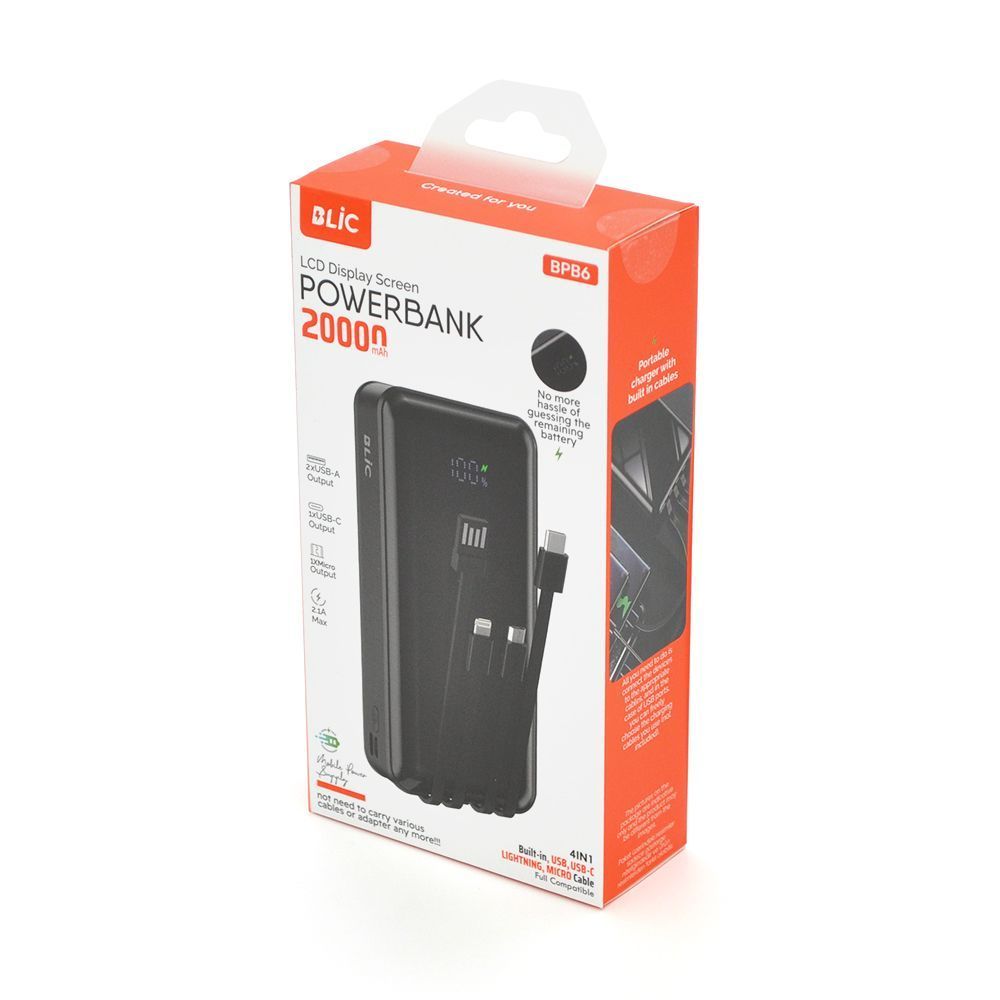 Powerbank BLIC BPB6 20000mAh, 2.1A, 4 кабеля: Type-C, Lighting, Micro, USB, Black, 0,450kg, Box Voltronic купить в Украине