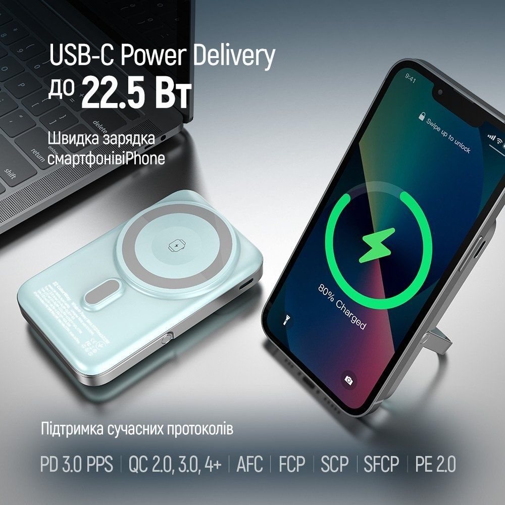 Универсальная мобильная батарея ColorWay 15W MagSafe & Watch Wireless 10000mAh Aquamarine (CW-PB100LPA2MT-WPDD) ColorWay купить в Украине