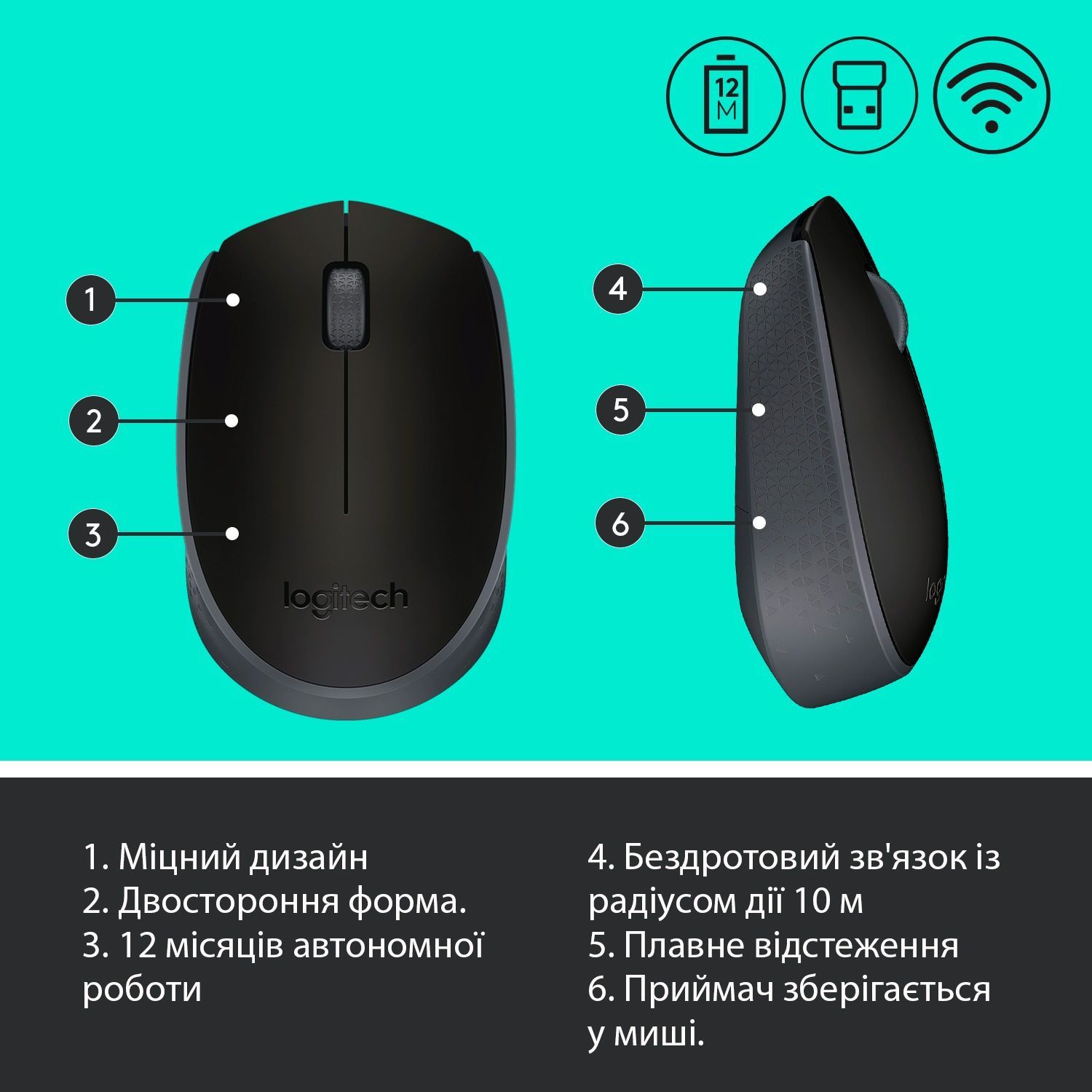 Миша бездротова Logitech M171 Grey/Black (910-004424) Logitech купити в Україні