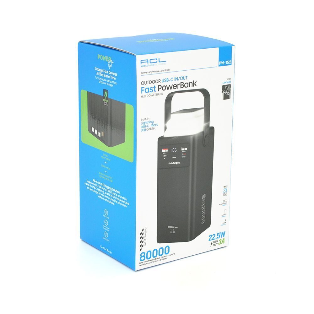 Powerbank ACL PW-152 80000mAh, 22.5W, 2xUSB, 4 кабеля(USB / Micro / Type-C / Lighting), Фонарь, 1.4кг, Black, Box ACL купить в Украине