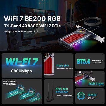 Беспроводной адаптер Fenvi FV-BE8800RGB Wi-Fi 7, Bluetooth 5.4 Gaming Tri Band 2.4G/5G/6GHz Fenvi купить в Украине