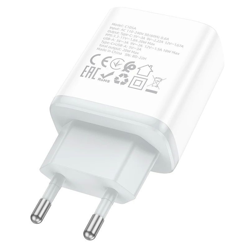 СЗУ HOCO C104A USB-C+USB, 110-240V, PD20W, QC3.0, White, Box HOCO купити в Україні