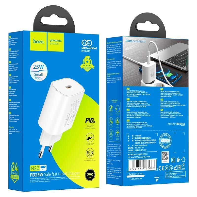 СЗУ HOCO N22, 1xUSB-C, PD25W, White, Box HOCO купить в Украине