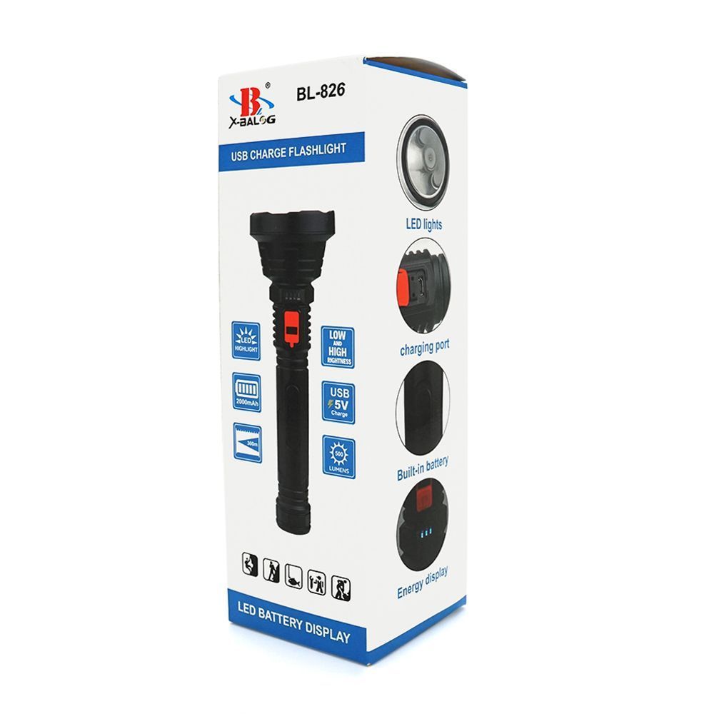 Фонарь ручной Bailong BL-826, 1LED, OSL LED, 3W, 3 режима, встроенный АКБ / 2000mah, Black, IP44, кабель USB- micro, 260х82х36мм, BOX Voltronic купить в Украине