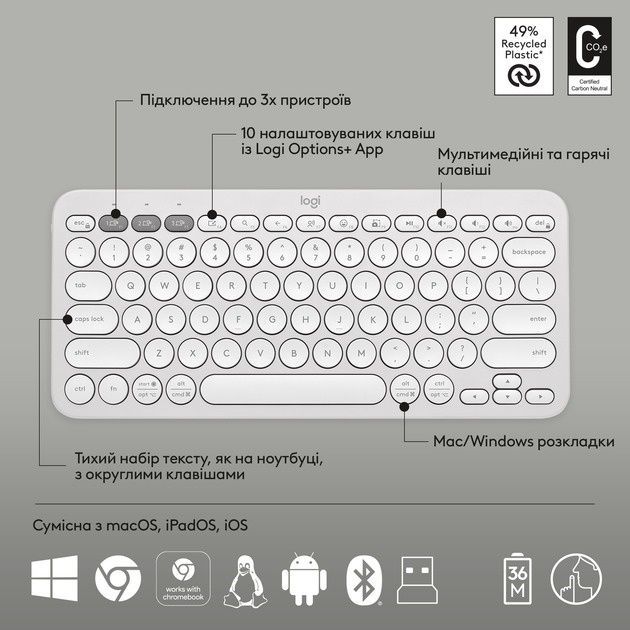 Комплект (клавіатура, миша) бездротовий Logitech Pebble 2 Combo White (920-012240) Logitech купити в Україні