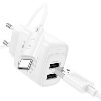 Набор СЗУ 110-240V HOCO C141A + кабель Type-C, 2xUSB, PD20W, кабель 1м, White, Box HOCO купить в Украине